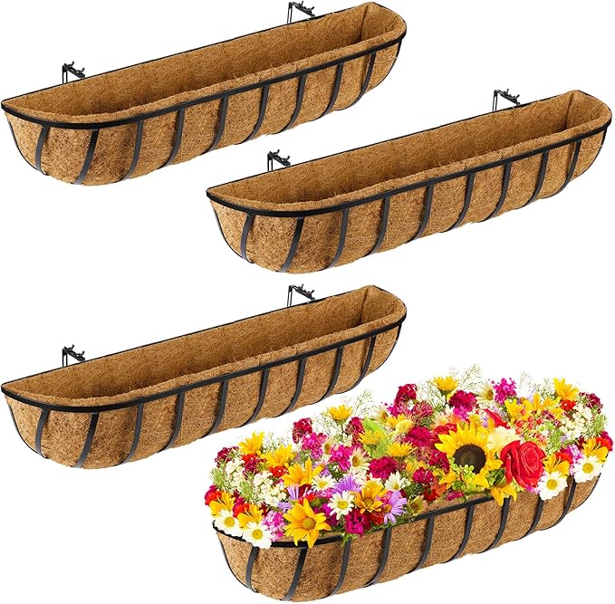 Tessco 4-Piece Window Baskets with Coconut Liner - 30 Inch Metal Black Hanging Flower Planters for Indoor & Outdoor
