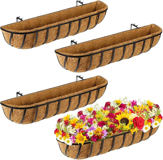 Tessco 4-Piece Window Baskets with Coconut Liner - 30 Inch Metal Black Hanging Flower Planters for Indoor & Outdoor