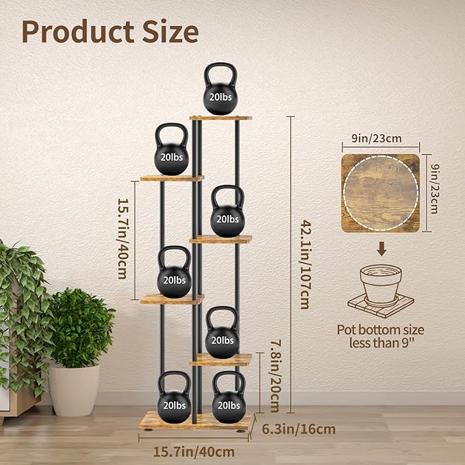 LASZOLA Black 5 Tier Wood Tall Plant Stand Indoor with Grow Lights, Large Heavy Duty Vertical Corner Rack for Multiple Planter, Sturdy Metal Rustic High Flower Shelf Holder Organizer for House Patio