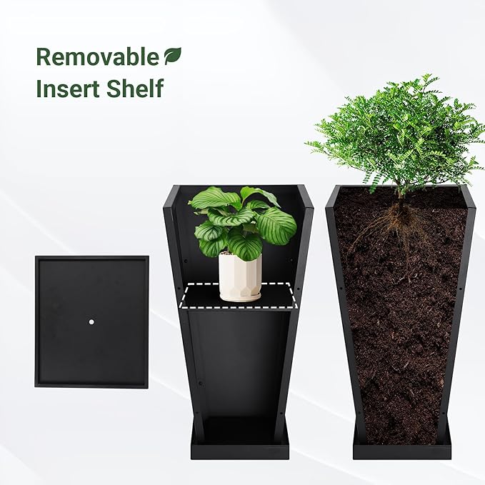 Tall Metal Planter 26" H - 2 Pack, Tall Planters with Removable Insert Shelve & Saucer Trays, Metal Outdoor Planters for Porch, Garden, Patio, Yard(Black)