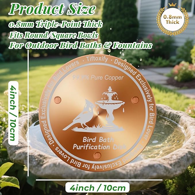 0.8mm Reinforced 99.99% Pure Copper Bird Bath Disk - Triple-Point Support Design for Physical Safe Water Maintenance, Universal Fit All-Season Outdoor Birdbaths Bowls, 2Pcs