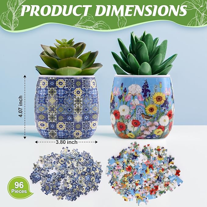 Enhon 2 Pack 3D Puzzle Planter Set, Portuguese Tiles and Summer Flowers Design, 96 Pieces 3D Puzzle Vase, Indoor Cactus and Succulent Pots, Engaging Home Decor Craft, Ideal for DIY Lovers