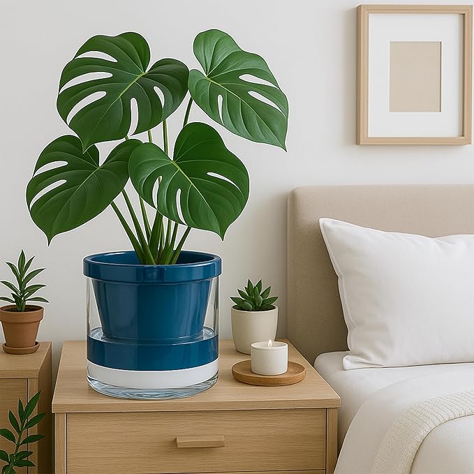 D'vine Dev 8 Inch Design Self Watering Planter for Indoor Plants, Blue Terracotta Pot with Cylinder Glass Cup, 37-X-C-4