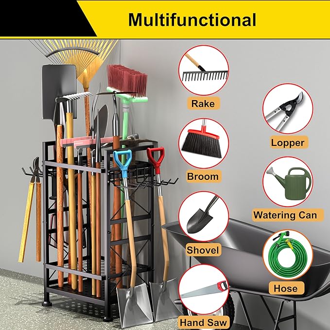 GIOTORENT 3 Tier Metal Garden Tool Organizer - Heavy Duty Yard Storage for Up to 78 Tools, Indoor/Outdoor Garage Patio Shed Organization - Black