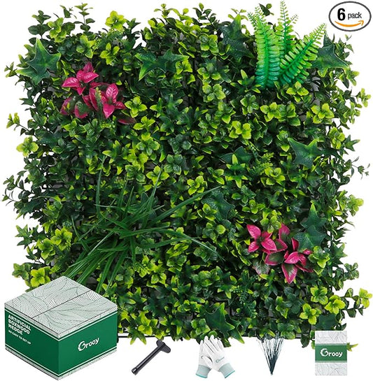 Boxwood Panels, Grass Wall 20"x20"(6pcs), Artificial Greenery Backdrop Wall Panels for Privacy Screen, Sun Protected Green Wall Decor for Outdoor, Indoor, Garden, Backyard and Décor