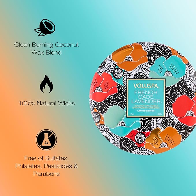 Voluspa Limited Edition French Cade Lavender 3 Wick Tin Candle, 12 oz, Coconut Wax for Clean Burning, 40 Hour Burn, Lavender Candle Handmade in The USA