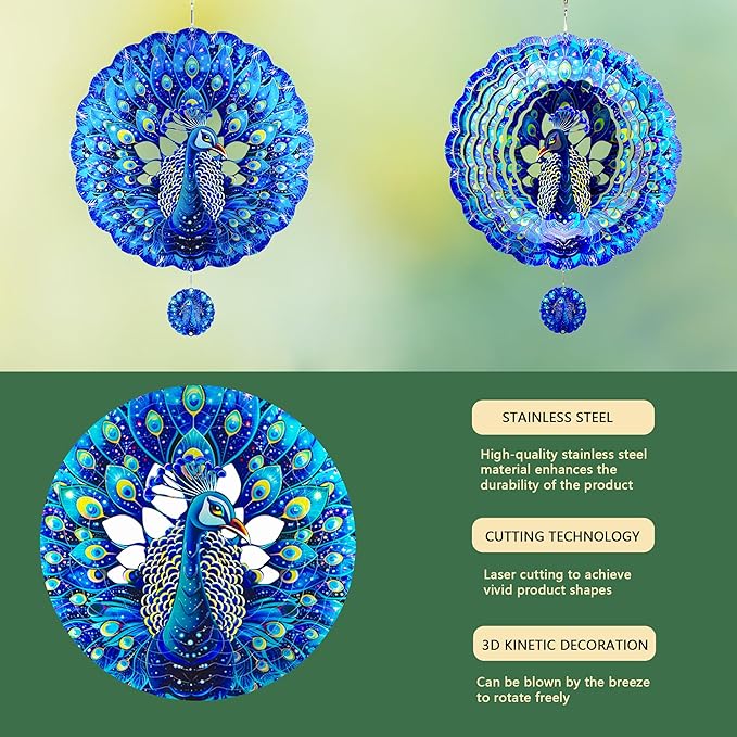 Peacock Gifts for Women, Peacock Wind Spinner Garden Decor, 12 inch 3D Hanging Wind Spinners Outdoor