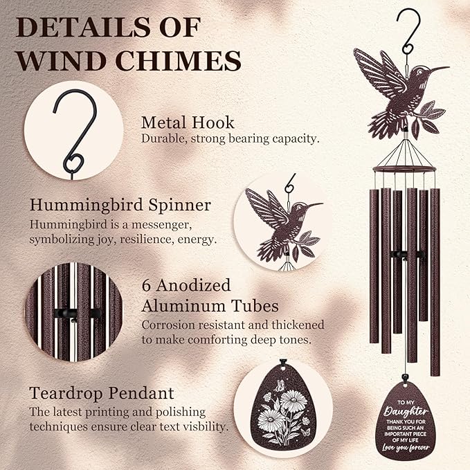 SteadStyle Daughter Gifts from Mom Dad, Daughter Gifts Wind Chime for Birthday Graduation, Wedding, Thanksgiving, Christmas, Mother's Day Large Size 37 in