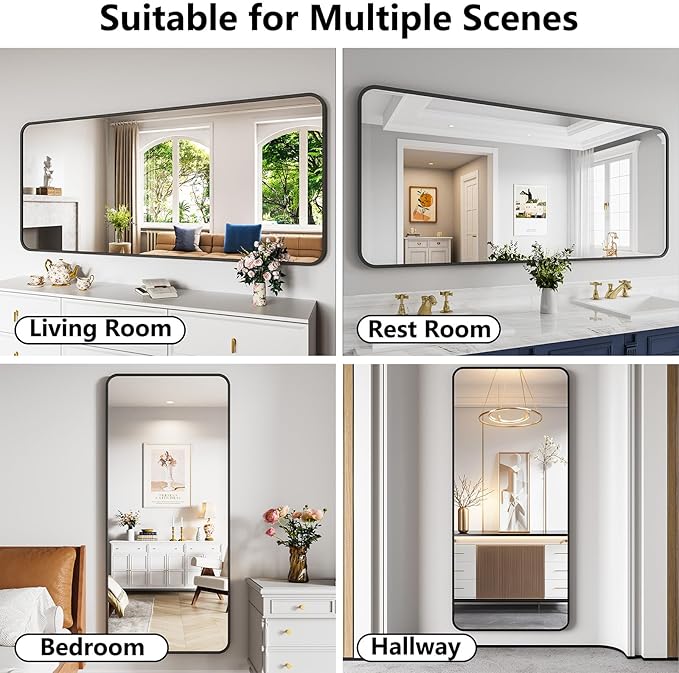 Koonmi Bathroom Mirror, 32X72 Inch Black Metal Framed Mirror for Bathroom, Tempered Glass, Anti-Rust, Rounded Rectangle Mirror for Restroom, Bedroom, Black