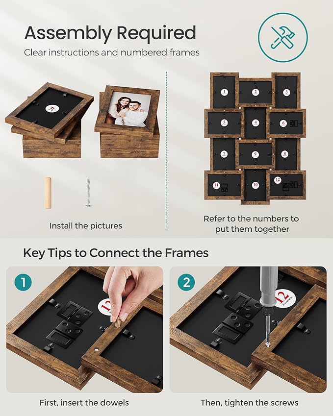 SONGMICS Collage Picture Frames, 4x6 for Wall Decor Set of 12, Multi Family Photo for Gallery Decor, Hanging Display, Assembly Required, Rustic Brown