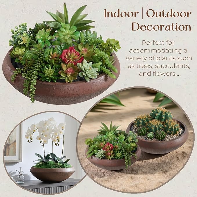 23.3"Dia x 8"H Large Succulent Pot with Drain Hole and Plug, 21" Opening Lotus Bowl Planter, Weathered Concrete Planters for Indoor Outdoor Plants, Home, Patio, Garden, Weathered Concrete, Large-Rust