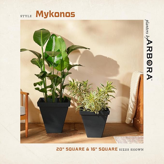 ARBORA 16" Mykonos Square Polyresin Indoor and Outdoor Planter with Classic Black Finish - Durable, All Season, Weatherproof, Lightweight, Large Plant Pot for Patio, Garden, Deck, Entryway