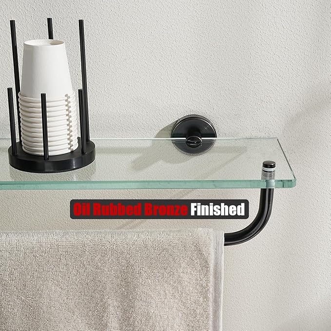 JQK Bathroom Glass Shelf Bronze, Shelf with 19 Inch Towel Bar Tempered Glass Shower Storage 20 by 5 inches, 304 Stainless Steel Oil Rubbed Bronze Wall Mount, TGS100L20-ORB