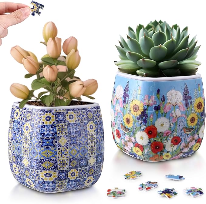 Enhon 2 Pack 3D Puzzle Planter Set, Portuguese Tiles and Summer Flowers Design, 96 Pieces 3D Puzzle Vase, Indoor Cactus and Succulent Pots, Engaging Home Decor Craft, Ideal for DIY Lovers