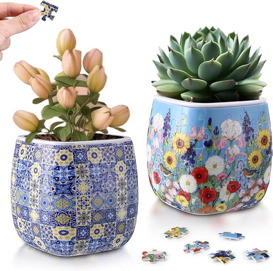 Enhon 2 Pack 3D Puzzle Planter Set, Portuguese Tiles and Summer Flowers Design, 96 Pieces 3D Puzzle Vase, Indoor Cactus and Succulent Pots, Engaging Home Decor Craft, Ideal for DIY Lovers