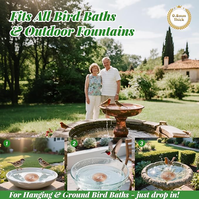 0.8mm Reinforced 99.99% Pure Copper Bird Bath Disk - Triple-Point Support Design for Physical Safe Water Maintenance, Universal Fit All-Season Outdoor Birdbaths Bowls, 4Pcs