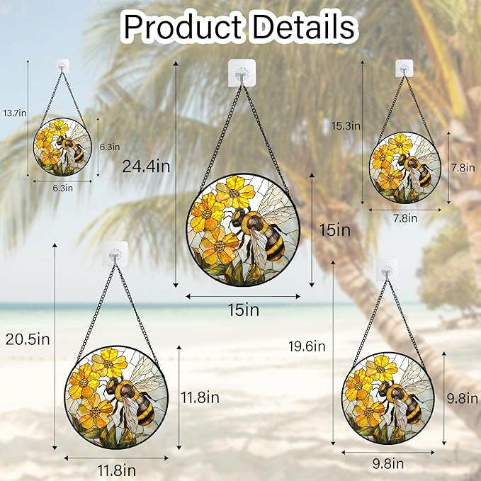 Stained Glass Window Hanging - Yellow Bees Gathering Flowers Sun Catcher for Door Garden Home Decor Cute Suncatcher Christmas Mother's Day Birthday Gifts for Women Men Mom Nana 6.3 in