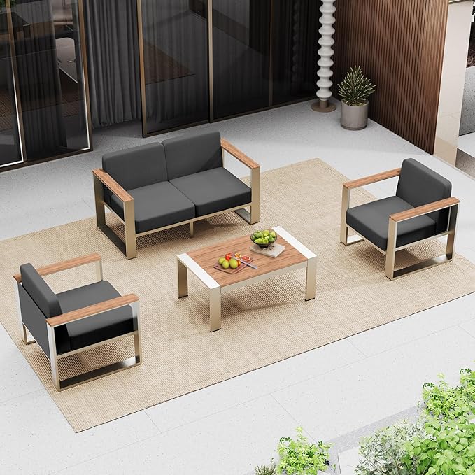 Outdoor Furniture Set, 4 Piece Aluminum Patio Furniture Set with Wide Seat and Thick Cushions, Modern Outdoor Patio Conversation Sets for Deck, Porch (Teak-Charcoal)