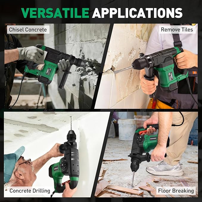1-1/4 Inch SDS-Plus Rotary Hammer, 13 Amp 7.0J Power Hammer Drills, 4 Functions, 6 Speeds, 3 Drill Bits, 2 Chisels with Safety Clutch, Rotomartillo for Concrete Demolition Chipping