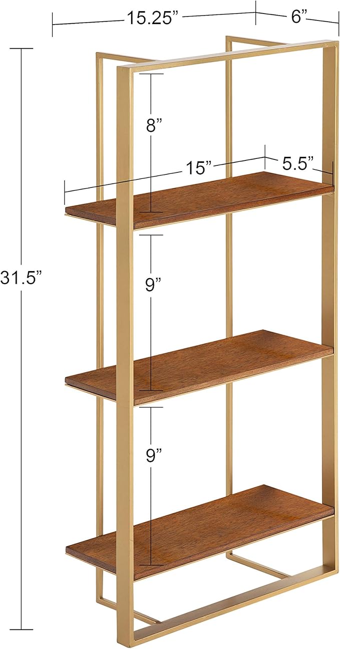 Kate and Laurel Kercheval Modern Wood Shelf, 15"x 32", Walnut Brown and Gold, Practical Mid-Century Wall Decor