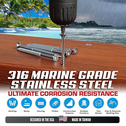 #10 x 3 Inch 316 Stainless Steel Screws Marine Grade (100 Pack, T25 Star) | Stainless Steel Wood Screws w/Driver Bit by Eagle Claw Fasteners | High Corrosion Resistance for Coastal Construction