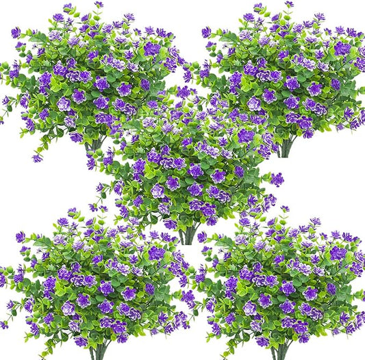 10 Bundles Artificial Fake Flowers, Faux Outdoor Plastic Plants UV Resistant Shrubs Outside Indoor Decorations (Blue-Eucalyptus)