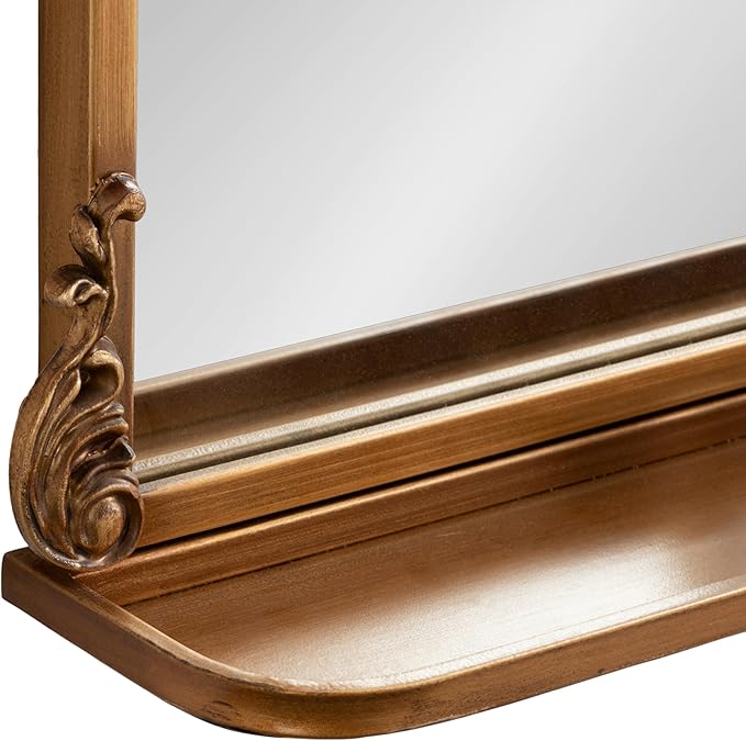 Kate and Laurel Arendahl Traditional Vintage Arch Mirror with Shelf; 16 x 25; Gold; Baroque Antique Arched Wall Mirror with Functional Shelf and Ornate Frame