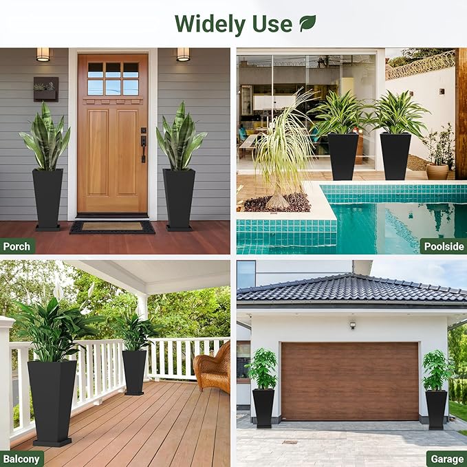 Metal Planter 30" H - 2 Pack, Tall Planters with Removable Insert Shelve & Saucer Trays, Metal Outdoor Planters for Porch, Garden, Patio, Yard (Black)