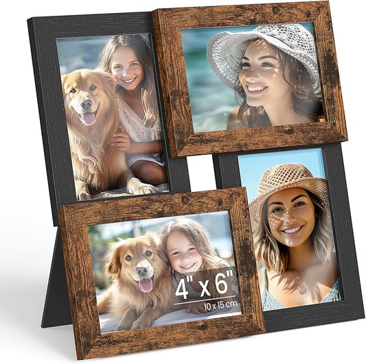 SONGMICS 4x6 Collage Picture Frames, Family Photo Collage Frame Set of 4 for Wall Decor, Glass Front, Wall Hanging or Tabletop, Ash Black and Rustic Brown URPF025K01