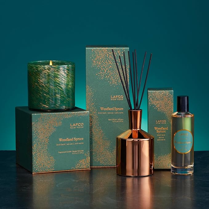 LAFCO New York Holiday Signature Candle, Woodland Spruce - 15.5 oz - 90-Hour Burn Time - Reusable, Hand Blown Glass Vessel - Made in The USA