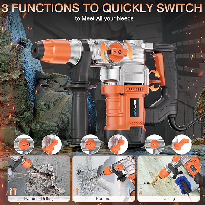 1-1/4 Inch SDS-Plus 13 Amp Heavy Duty Rotary Hammer Drill with Safety Clutch 3 Functions, Vibration Control, for Floor Tile Removal, Concrete Breaker, Including Grease, Chisels & Drill Bits
