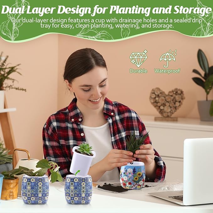 Enhon 2 Pack 3D Puzzle Planter Set, Portuguese Tiles and Summer Flowers Design, 96 Pieces 3D Puzzle Vase, Indoor Cactus and Succulent Pots, Engaging Home Decor Craft, Ideal for DIY Lovers