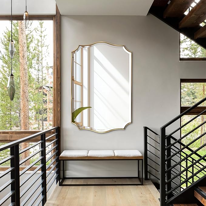 POZINO Scalloped Beveled Mirror, 24"x36" Gold Irregular Shaped Mirror, Modern Rectangle Mirrors in Stainless Steel Frame, Vanity Wall Mirrors for Bathroom Living Room Bedroom Fireplace Entryway