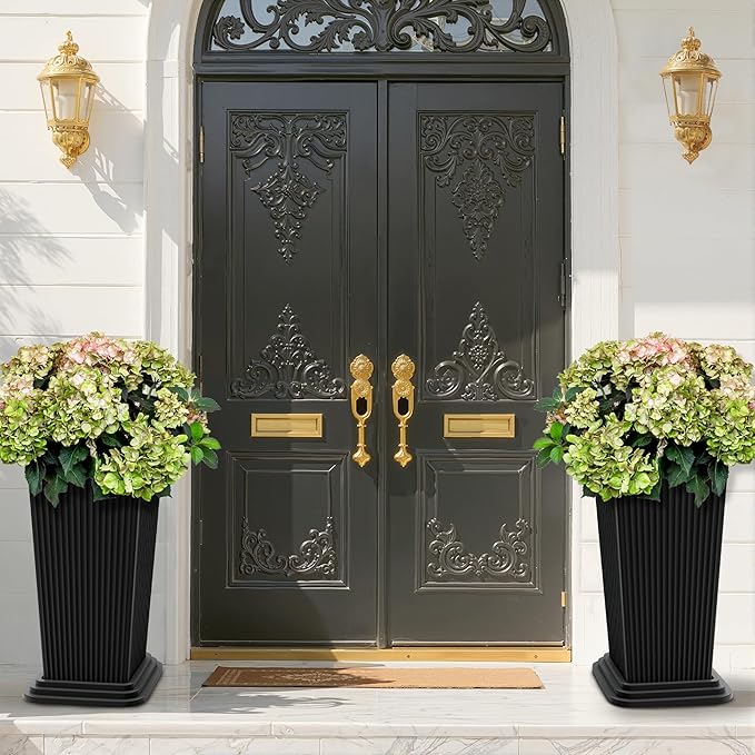 FENCY Set of 2 Tall Planters for Outdoor Plants, 24 Inch Large Tapered Pots with Drainage Trays, Weather-Resistant Plastic Plant Containers for Patio, Porch, Garden, Front Door Decor,Black,Striped