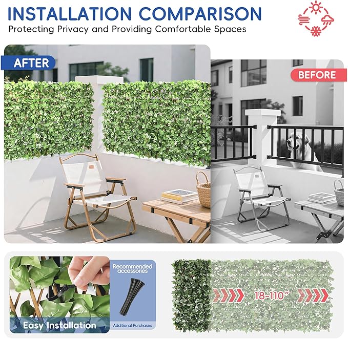 15" x 48" 3PCS Expandable Ivy Fence Privacy Screen Artificial Fences Greenery Faux Leaf Hedge Wall Decor for Balcony Wedding Backyard Indoor Outdoor, Ivy Leaves Single Side