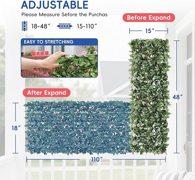 15" x 48" 3PCS Expandable Ivy Fence Privacy Screen Artificial Fences Greenery Faux Leaf Hedge Wall Decor for Balcony Wedding Backyard Indoor Outdoor, Ivy Leaves Single Side