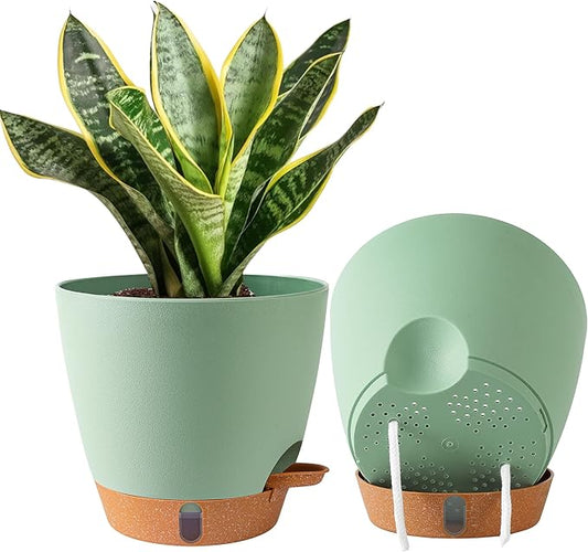 2 Pack 8 Inch Pots for Plants Indoor, Plastic Self Watering Planters with Drainage Holes, Water Level Indicator & Deep Reservoir, Decorative Flower Pots Indoor Outdoor Use (Green