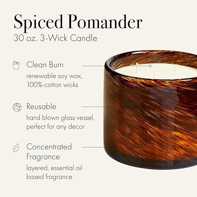 LAFCO New York Fall 3-Wick Candle, Spiced Pomander - 30 oz - 120-Hour Burn Time - Reusable, Hand Blown Glass Vessel - Made in The USA