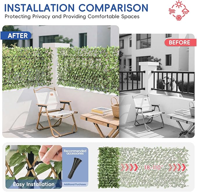 15" x 48" 4PCS Expandable Ivy Fence Privacy Screen Artificial Fences Greenery Faux Leaf Hedge Wall Decor for Balcony Wedding Backyard Indoor Outdoor, Ivy Single Side