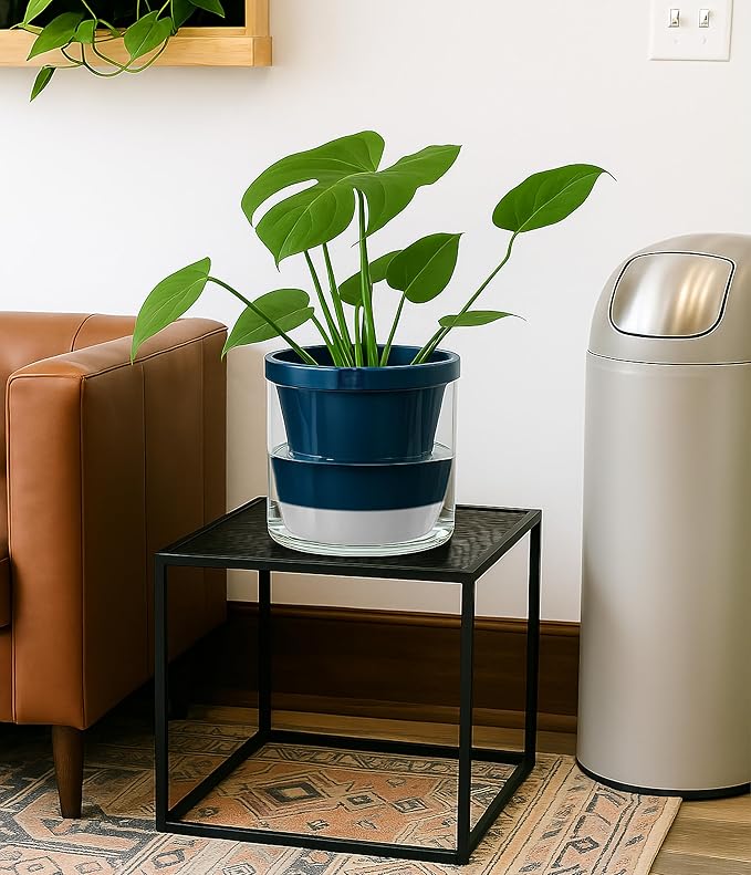 D'vine Dev 8 Inch Design Self Watering Planter for Indoor Plants, Blue Terracotta Pot with Cylinder Glass Cup, 37-X-C-4