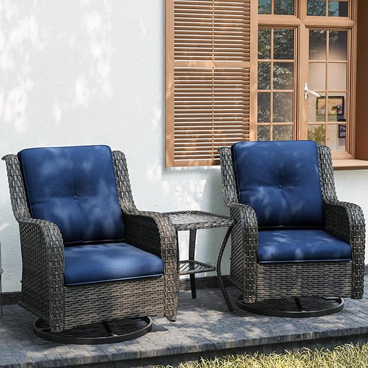 Joyside Outdoor Swivel Rocker Patio Chairs Set of 2 and Matching Side Table - 3 Piece Wicker Patio Bistro Set with Premium & Soft Fabric Cushions(Mixed Grey/Blue)