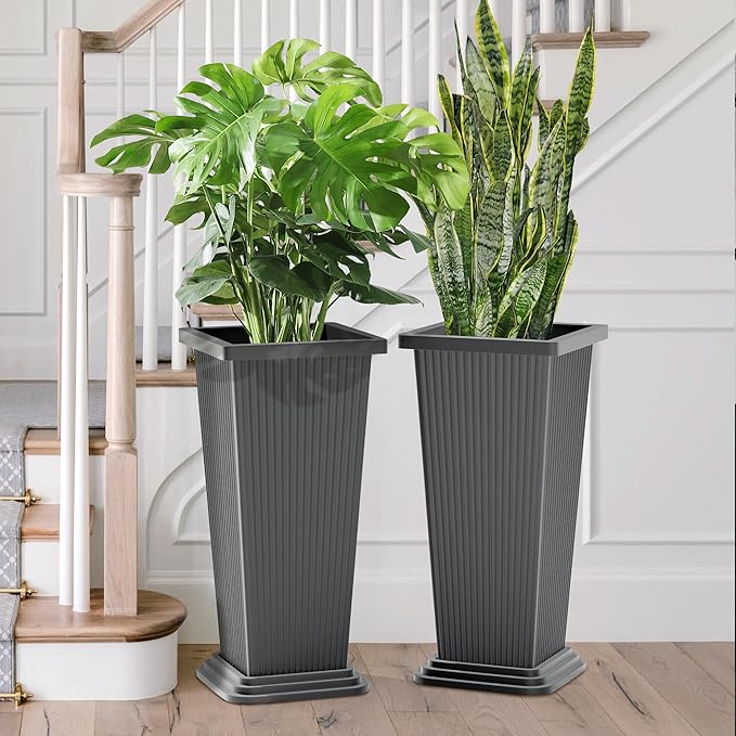 FENCY Set of 2 Tall Planters for Outdoor Plants, 24 Inch Large Tapered Pots with Drainage Trays, Weather-Resistant Plastic Plant Containers for Patio, Porch, Garden, Front Door Decor,Gray,Striped
