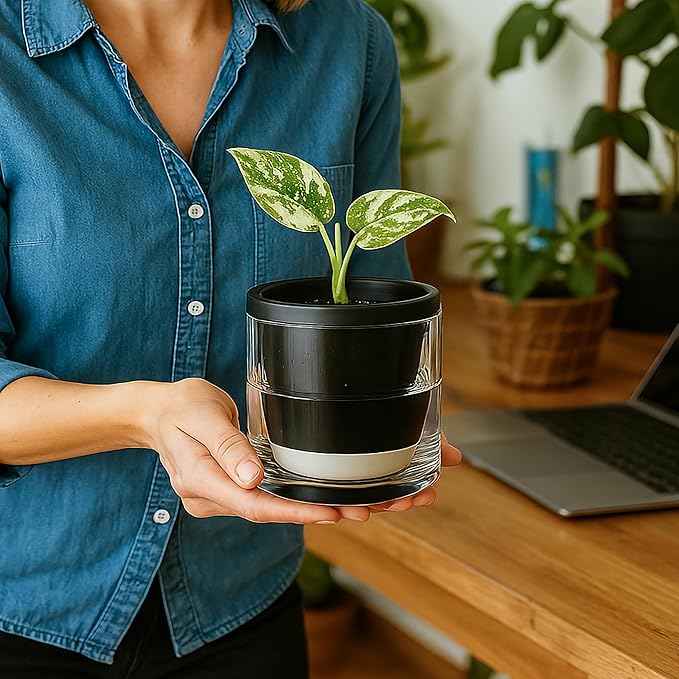 D'vine Dev 4 Inch Design Self Watering Planter for Indoor Plants, Black Terracotta Pot with Cylinder Glass Cup, 37-X-A-3