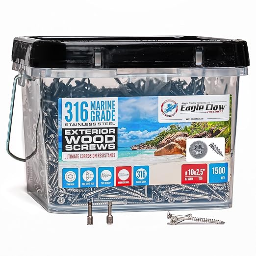 #10 x 2 1/2 Inch 316 Stainless Steel Screws Marine Grade (1500 Pack, T25 Star) | Stainless Steel Wood Screws w/Driver Bit by Eagle Claw Fasteners | High Corrosion Resistance for Coastal Construction