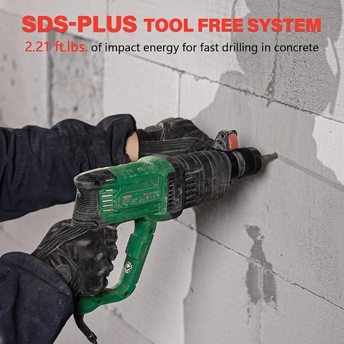 1" SDS-Plus Lightweight Rotary Hammer Drill, 9 Amp 4 Functions Corded Variable Speed Rotomartillo with Safety Clutch for Concrete, Includes 3 Drill Bits,2 Chisels,Carrying Case