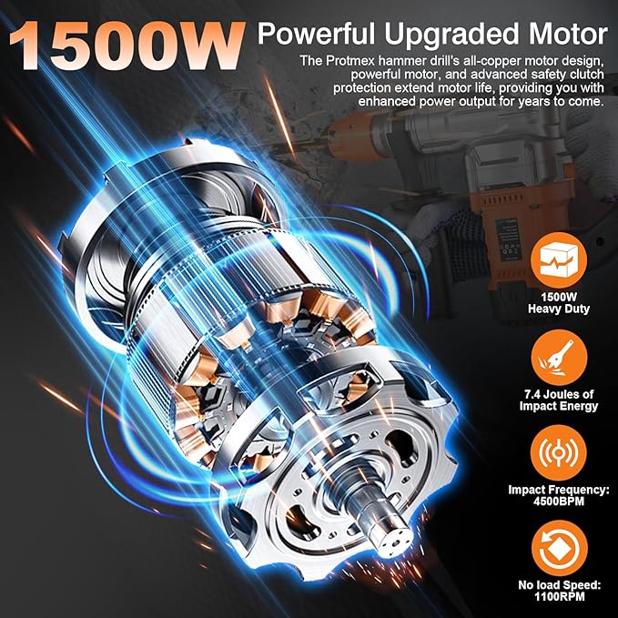 1-1/4 Inch SDS-Plus 13 Amp Heavy Duty Rotary Hammer Drill with Safety Clutch 3 Functions, Vibration Control, for Floor Tile Removal, Concrete Breaker, Including Grease, Chisels & Drill Bits