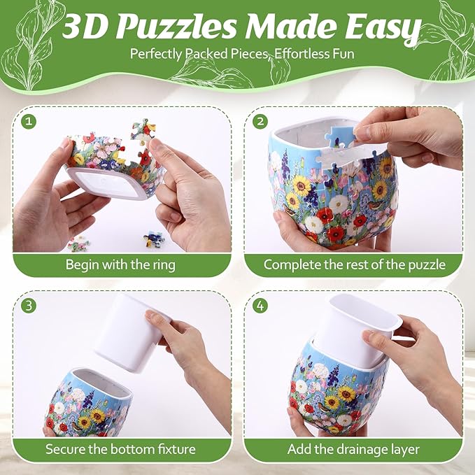 Enhon 2 Pack 3D Puzzle Planter Set, Portuguese Tiles and Summer Flowers Design, 96 Pieces 3D Puzzle Vase, Indoor Cactus and Succulent Pots, Engaging Home Decor Craft, Ideal for DIY Lovers