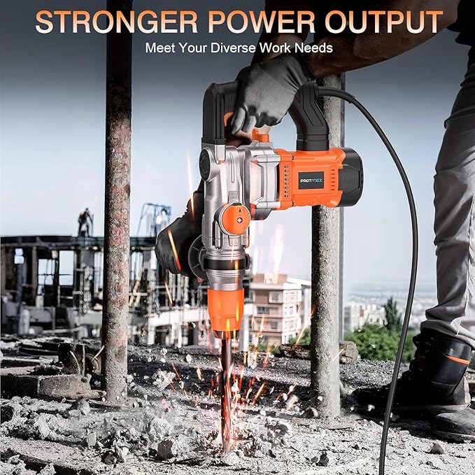 1-1/4 Inch SDS-Plus 13 Amp Heavy Duty Rotary Hammer Drill with Safety Clutch 3 Functions, Vibration Control, for Floor Tile Removal, Concrete Breaker, Including Grease, Chisels & Drill Bits