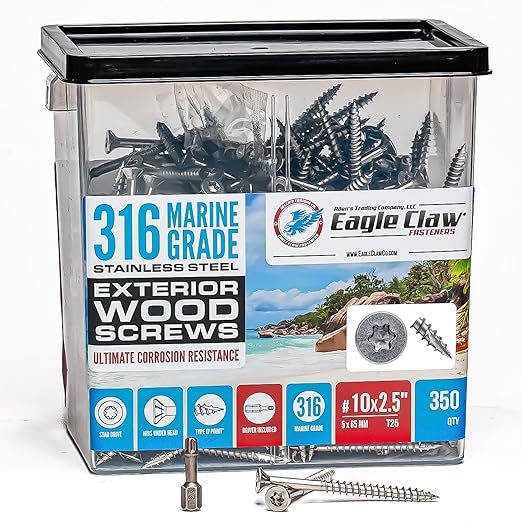 #10 x 2 1/2 Inch 316 Stainless Steel Screws Marine Grade (350 Pack, T25 Star) | Stainless Steel Wood Screws w/Driver Bit by Eagle Claw Fasteners | High Corrosion Resistance for Coastal Construction