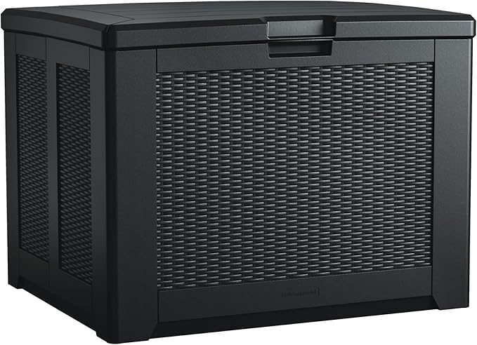 Rubbermaid Medium Resin Outdoor Storage Deck Box (74 Gal), Weather Resistant, Black, Deck Organization for Home/Backyard/Pool Chemicals/Toys/Garden Tools/Porch/Patio Cushions